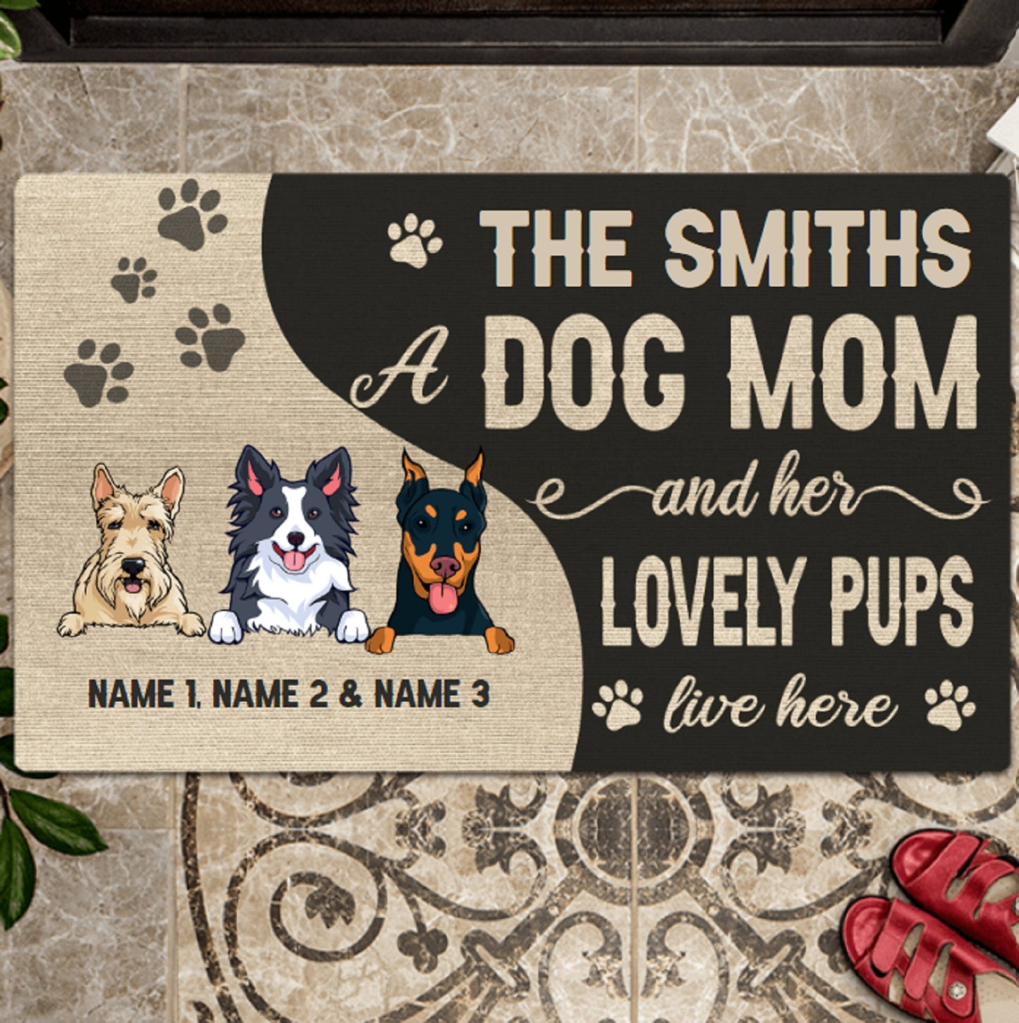 Personalized Welcome To Dog House Doormat, Dog Entrance Mat, Housewarming Gift, Dog Mom And Her Lovely Pups Live Here Dog Welcome Mat