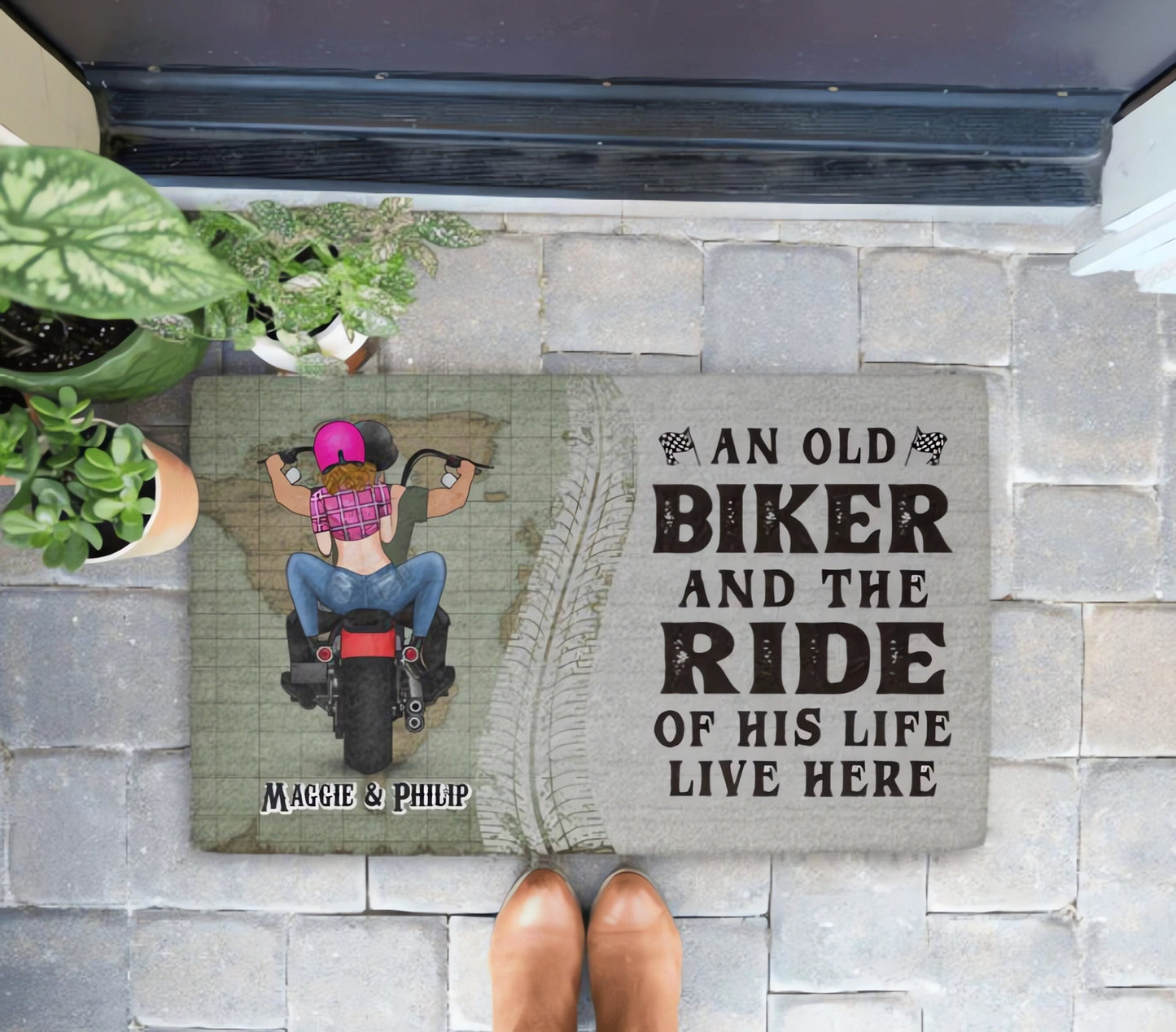 An Old Biker and His Wife Live Here Doormat, Gift for Motorcycle Lovers, Welcome Doormat, Front Doormat, Housewarming Gift, Couples Gift