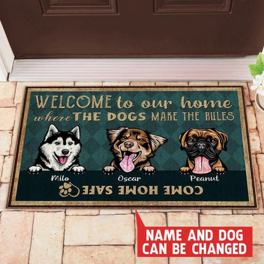 Personalized Dog Welcome Doormat, Dog Entrance Mat, Welcome To Our Home Where The Dog Make The Rules Custom Doormat, Housewarming Gift