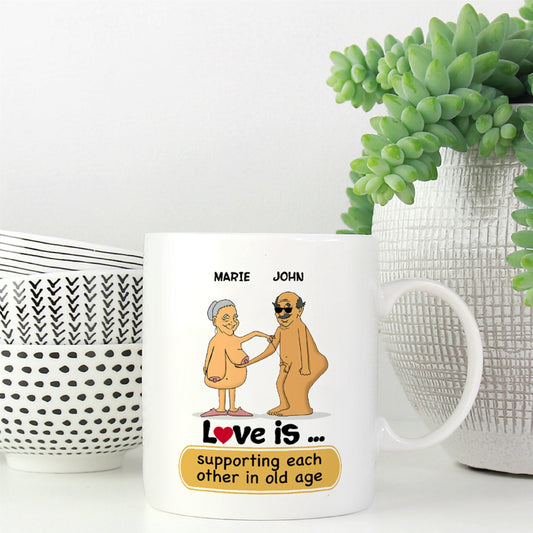 Personalized Funny Couple Coffee Mug, Mugs For Couple,Valentines Day Engagement Gift For Couple, Love Is Supporting Each Other In Old Age