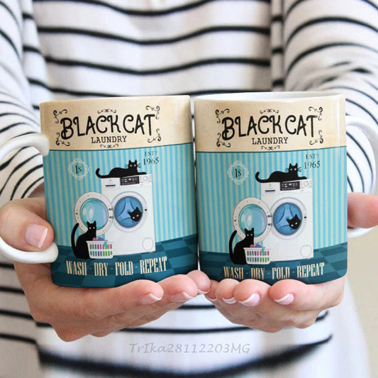Vintage Black Cat Company Coffee Mug, Retro Cat Mug For Cat Mom Cat Lovers, Tuxedo Company Cat Mug, Laundry Company, Wash Dry Fold Repeat