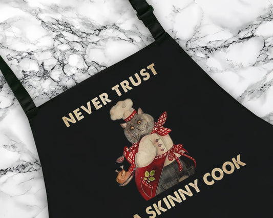 Never Trust A Skinny Cook, Kitchen Apron For Cat Lovers, Apron with Pockets, Custom Cooking Gift for Mom, Funny Cooking Apron, Bakery Apron