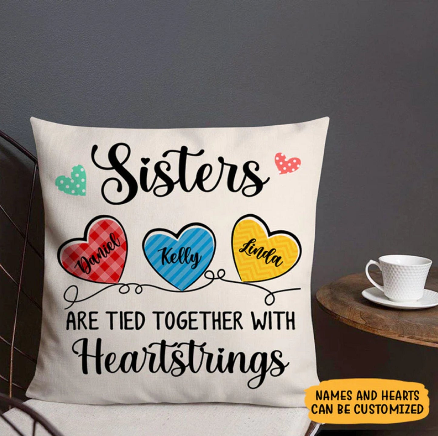 Long Distance Sisters Bestie Personalized Pillow, Sisters Heartstrings Pillow, Best Friend Long Distance Gift, Custom State to State